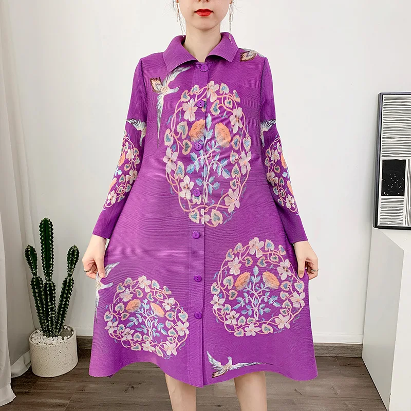 

Miyake Style Pleated Dress Women 2023 Spring New Printed Lapel Long Sleeve Loose Large Size Single-Brewed Luxury Evening Dresses