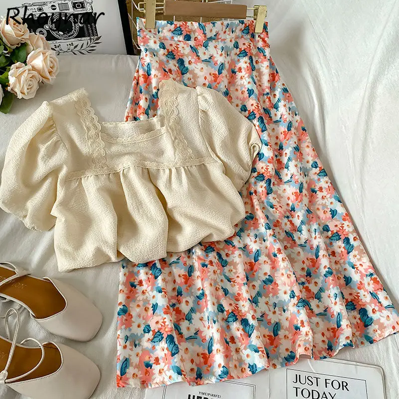 

Women Sets Holiday M-4XL Tender Girls French Style Puff Short Sleeve Pure Vintage Tops Summer Floral Empire Midi Skirts Art Ins