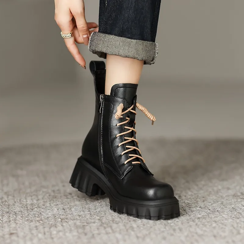 Vintage Thick Soled Boots Women's Brand Side Zipper Height Increasing Boot Chunky Heel Single Booties  Boots Women