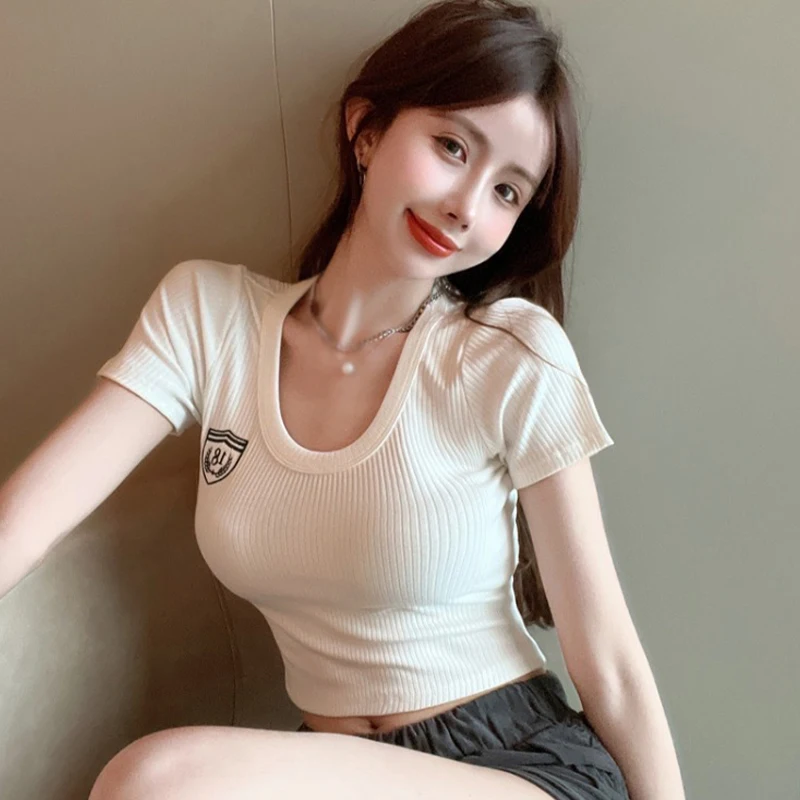 

Women Harajuku Elegant Short Sleeve T-shirts Slim Summer Crop Tops Solid Sexy Sweet Fashion Korean Lovely Chic Casual