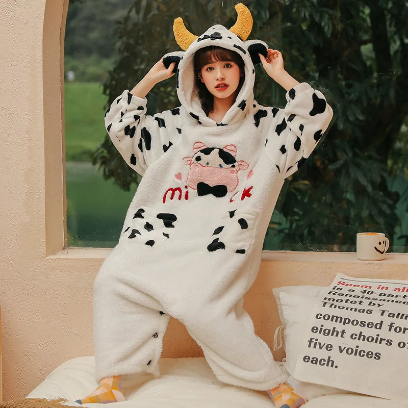 Kigurumis Women Winter Thicken Hoodies Pajamas Jumpsuit Korean Soft Warm Sleepwear Adult Cartoon Cow Cute One-Piece Pyjamas