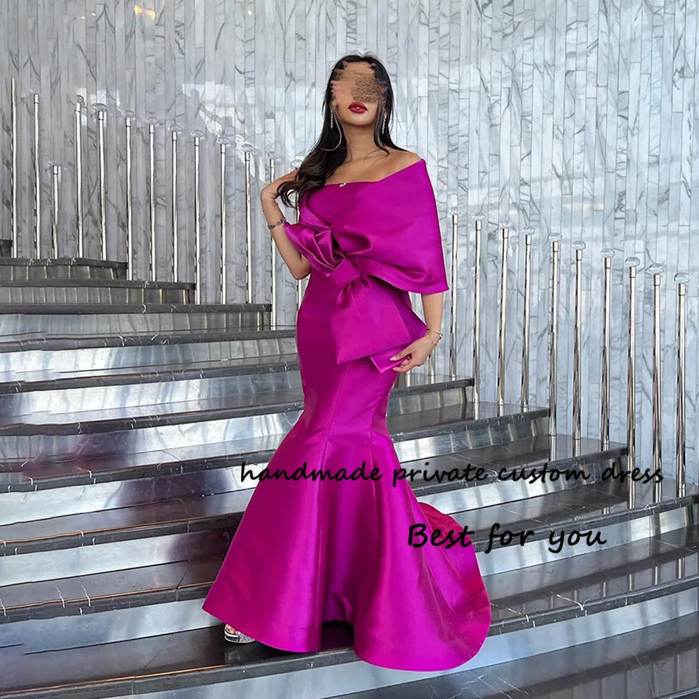 

Fuchsia Satin Mermaid Evening Dresses Off Shoulder Bodycon Tight Arabia Dubai Prom Party Dress Long Celebrate Event Gowns