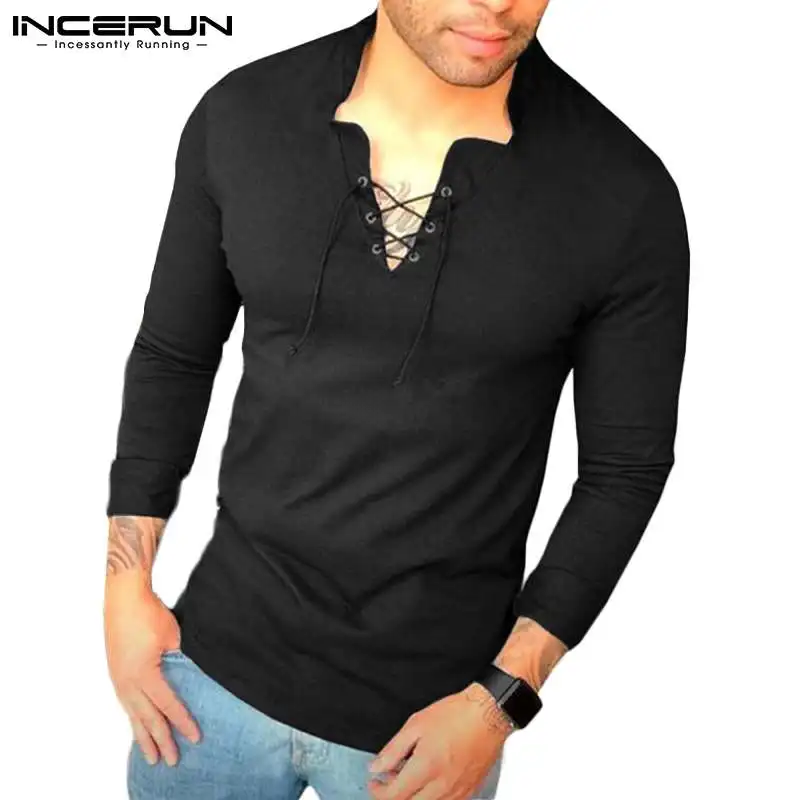 

INCERUN 2022 Men T Shirt V Neck Long Sleeve Streetwear Lace Up Casual Men Clothing Solid Color Fitness Leisure Camisetas S-5XL