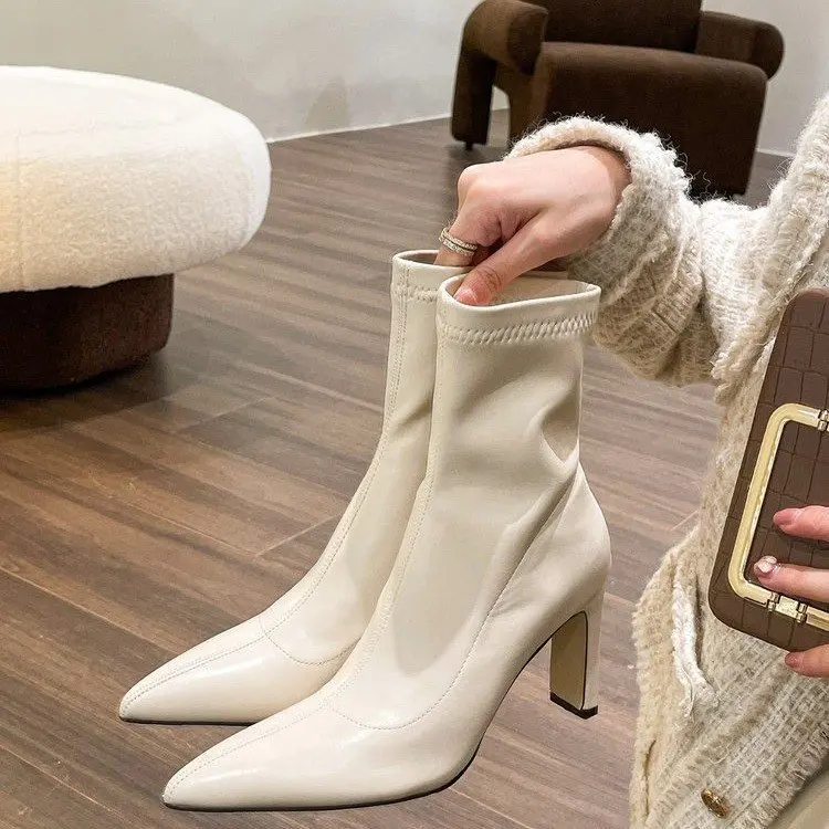

Women Boots Autumn Winter Elastic Ankle Boots Sexy Pointed Toe Women Shoes Mujer Black Ankle Stretch High Heel Short Boots