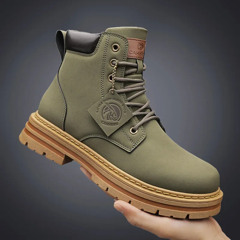 

High Top Men Boots Fashion Motorcycle Ankle Boots for Men New Green Male Military Boot Winter Lace-Up Men's Shoes Botas Hombre