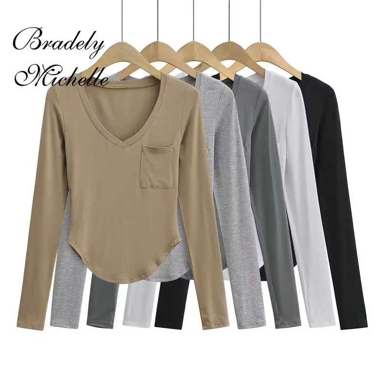 

2022 New Casual Women's Crop Tops Sexy Long Sleeve V-Neck Pocket Solid Pullover Top T-shirt