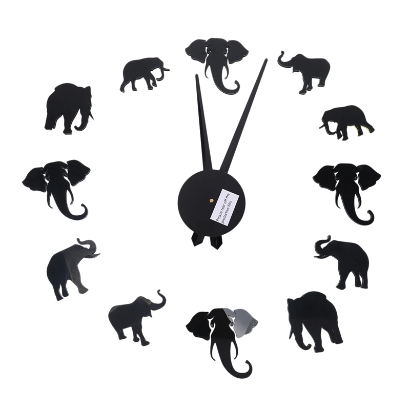 

Unique Animal Shape Wall Clock Fashion DIY Acrylic Mirror Elephant Hanging Clock For Home Bedroom Living Room,Black