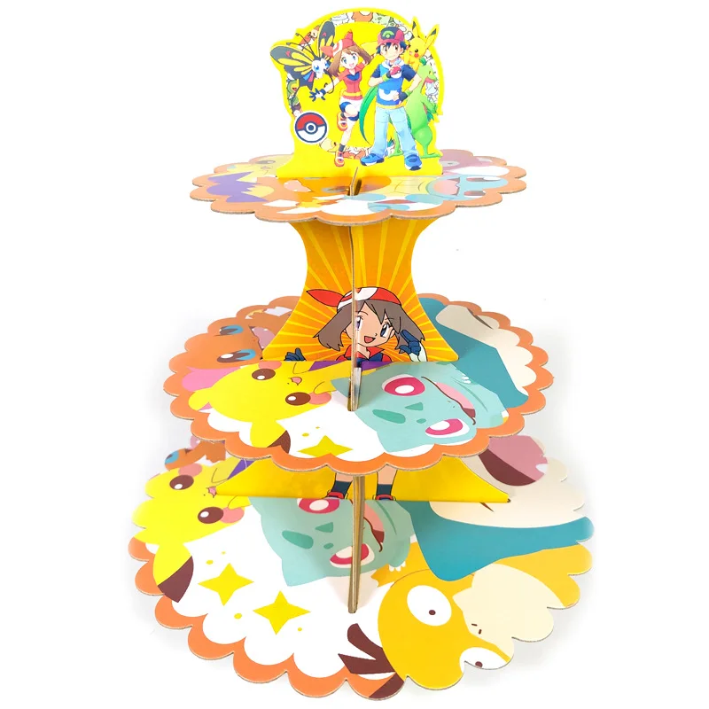 

1set/lot Pokem Theme kids Favors 3 Tier Cupcake Holder Baby Shower Paperboard Cake Stand Happy Birthday Party Supplies