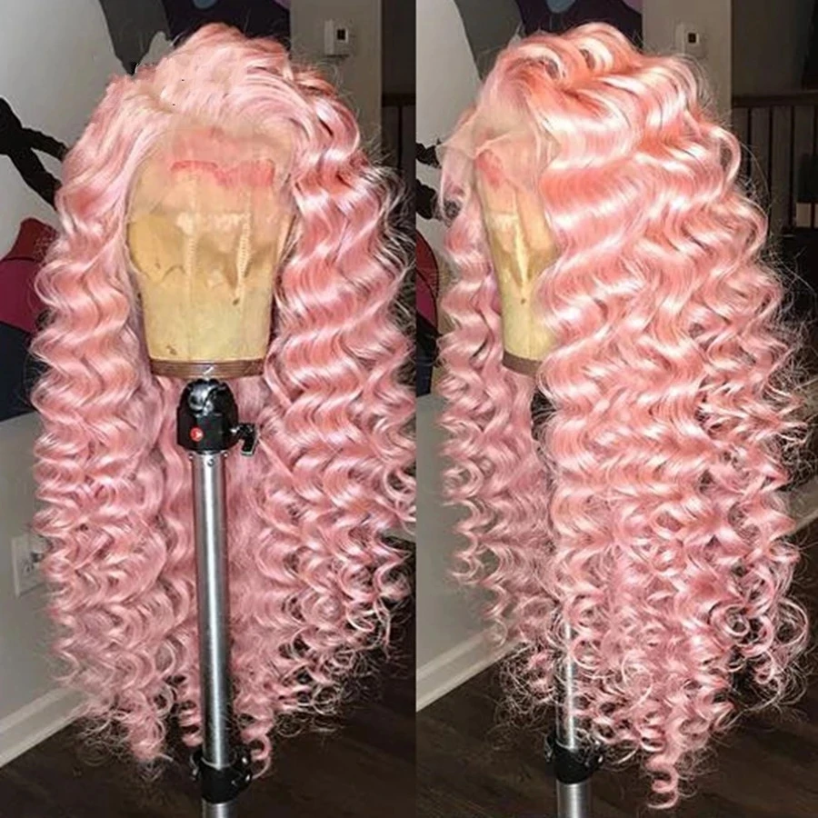 Pink Color Synthetic Lace Front Wig With Free Part Long Deep Kinky Curly Wig Cosplay Heat Resistant Fiber Wigs With Baby Hair