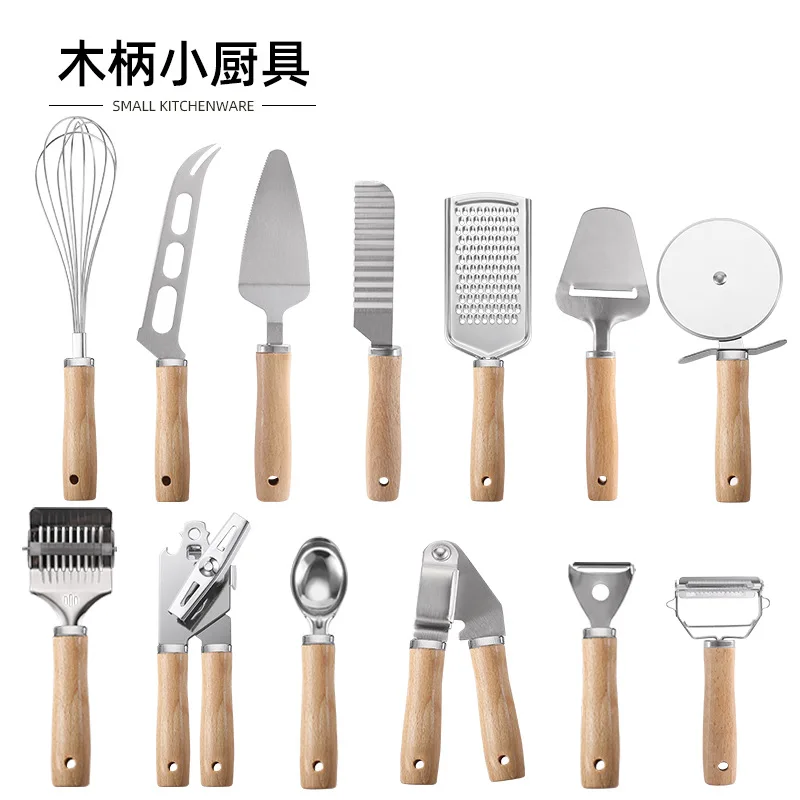 Wooden Handle Kitchen Gadget Stainless Steel Eggbeater Toy Coyer Sundries Pizza Cheese Egg Beater Baking Tool