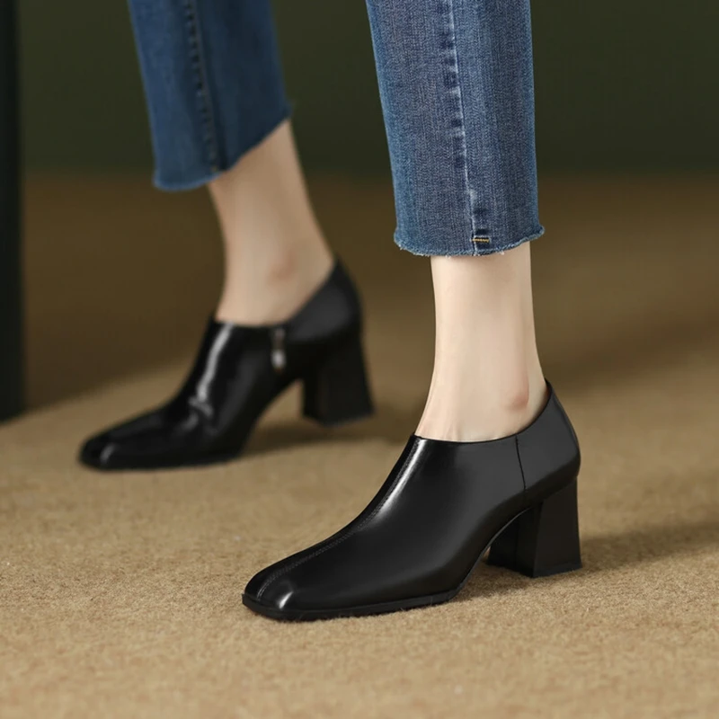 NEW Autumn Women Boots Split Leather Boots Women Square Toe Chunky Heel Modern Boots Black High Heel Ankle Boots botines mujer