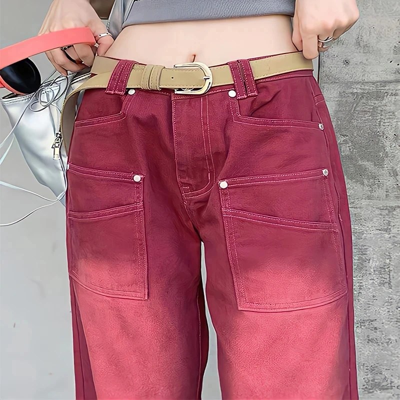 Boyfriend Style Streetwear Y2k Baggy Jeans Women Loose Denim Trousers High Waist Vintage Washed Wide Leg Straight Red Pants