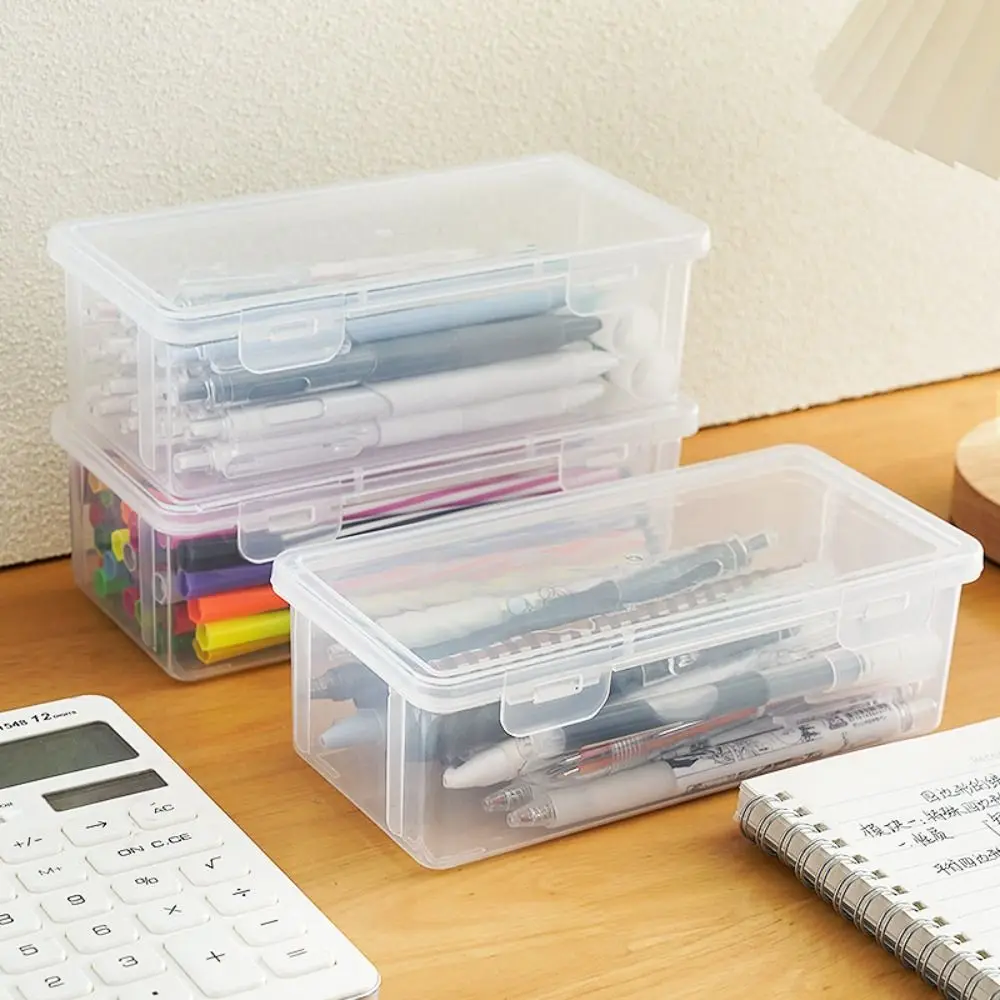 

Transparent Pencil Box Large Capacity Dustproof Waterproof Desktop Storage Box With Buckled Plastic Stationery Case Mark Pens