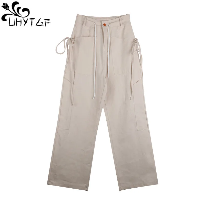 UHYTGF Spring Summer Vintage Cargo Pants Women Wide Leg Straight Cylinder Mopping Trousers  Lace-Up Thin Style Female Pants14