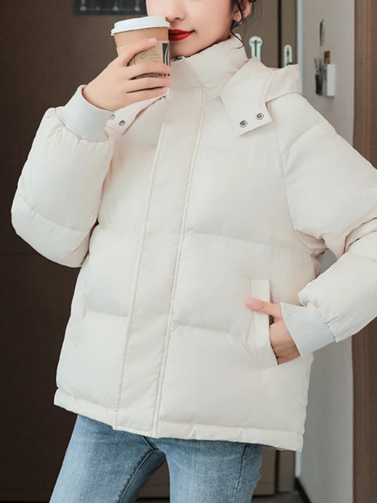 

Ailegogo New Autumn Winter Women Loose Hooded Cotton Coat Casual Female Zipper Thick Warm Solid Color Wadded Jacket Outwear