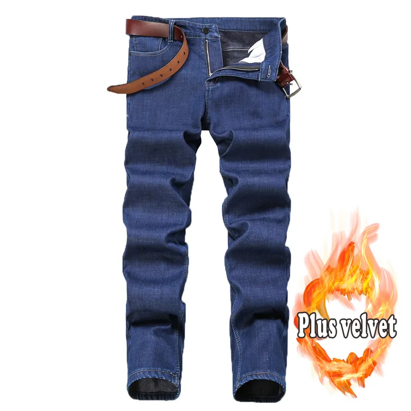 

Классические повседневные мужские Зимние флисовые теплые облегающие прямые джинсы, высококачественная одежда, молодежные модные плотные эластичные джинсы