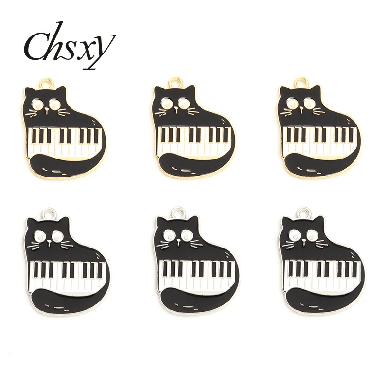 10 шт. 23x28 мм эмалевые музыкальные Подвески в виде черной кошки, красивые подвески в виде животного пианино, подходят для изготовления самодельных сережек ручной работы, Ювелирная фурнитура