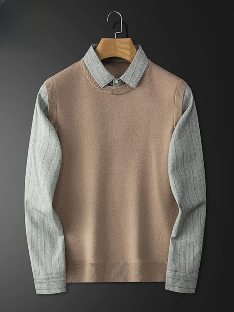 Romon 2024 Spring and Autumn Fake Two Pieces Sweater Men's Shirt Collar High-End Casual Knit Base Top New