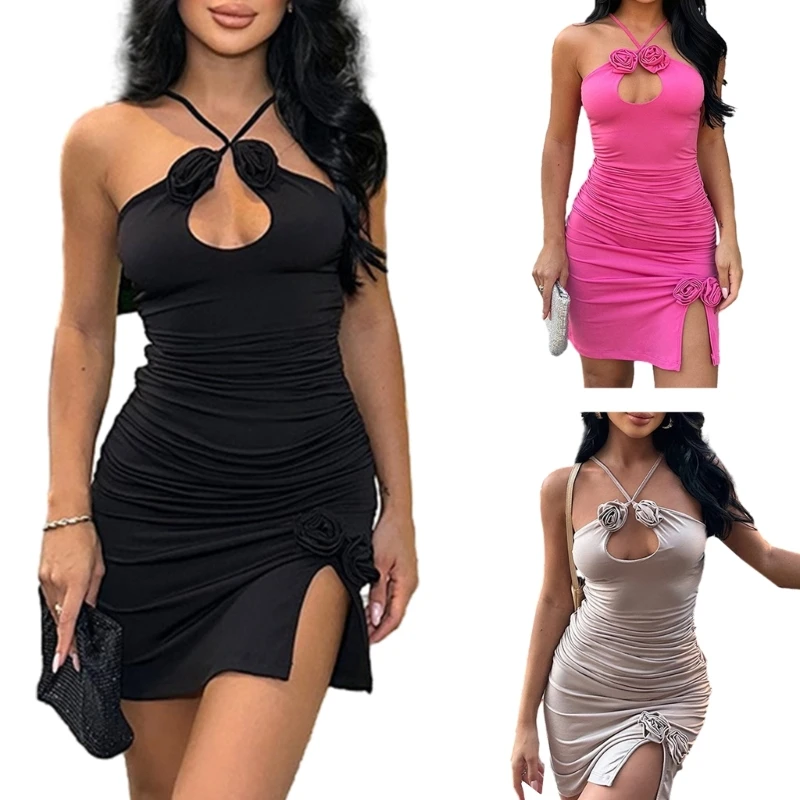 

Women Summer Sexy Halter Neck Backless Bodycon Dress Solid Color Strappy 3D Flower Side Split Package Hip Ruched Dresses