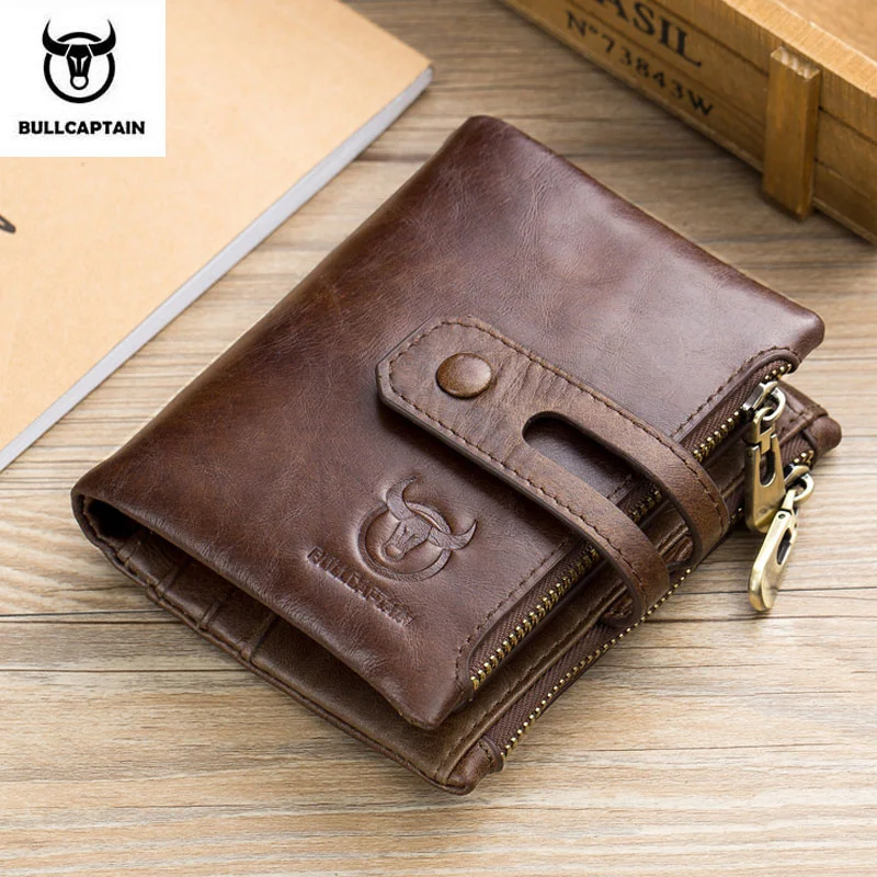 

Bullcaptain Genuine Leather RFID Men Wallet Business Credit Card Holders Double Zipper Cowhide Money Bags Clutch Purse JYB008