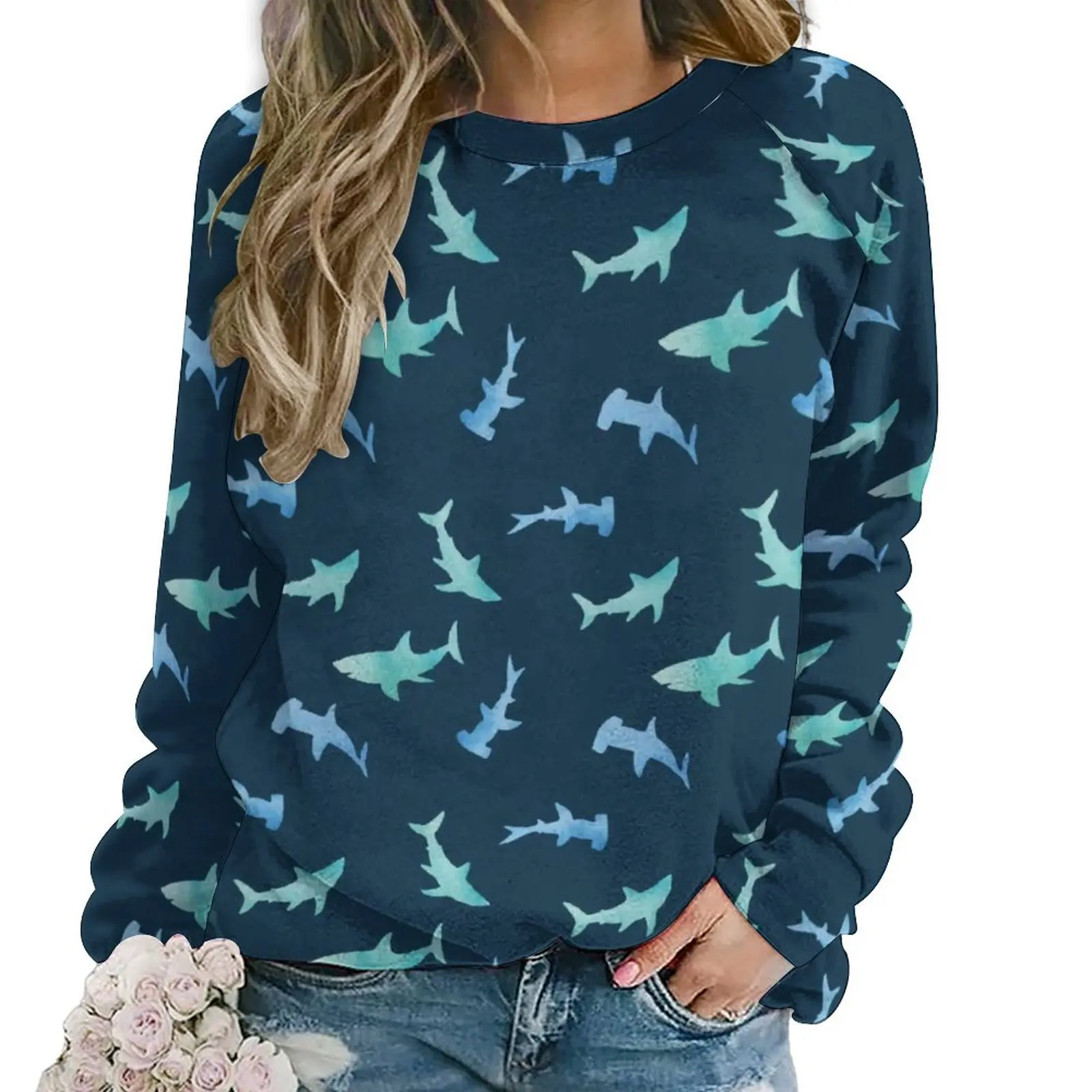 

Swimming Shark Casual Hoodies Autumn Watercolor Animal Print Y2k Hoodie Womens Long Sleeve Oversize Streetwear Print Sweatshirts