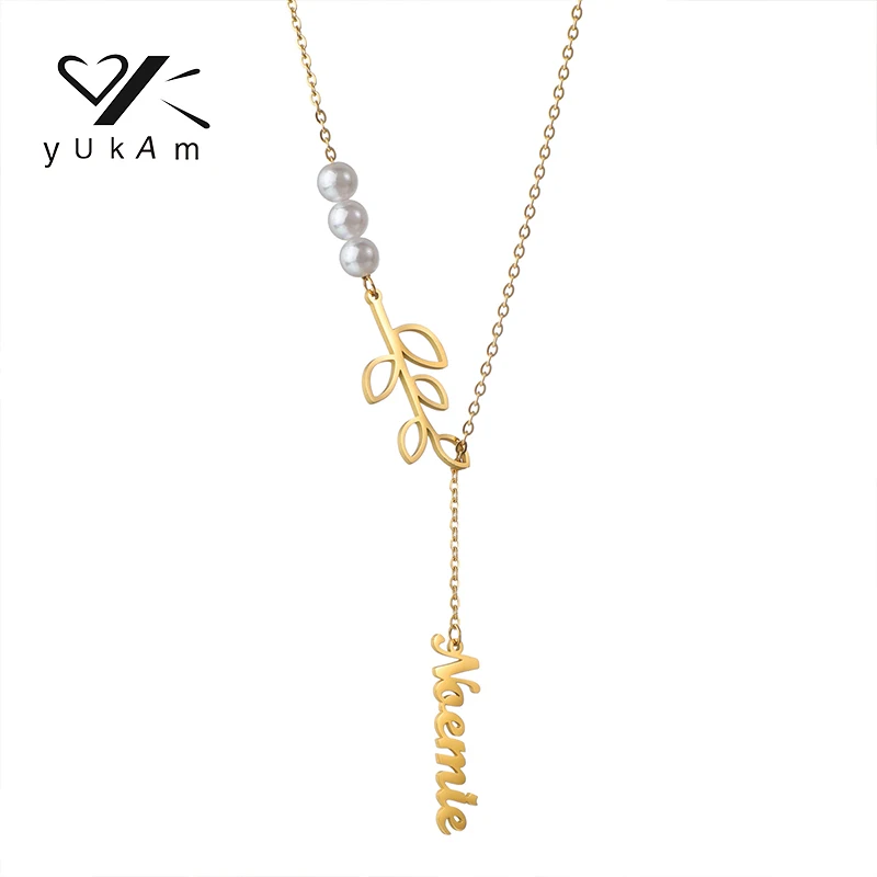 YUKAM Leaf Pendant Necklace Women's Necklaces Custom Stainless Steel With 8mm Pearl New in Special Valentine Jewelry Chains Sets