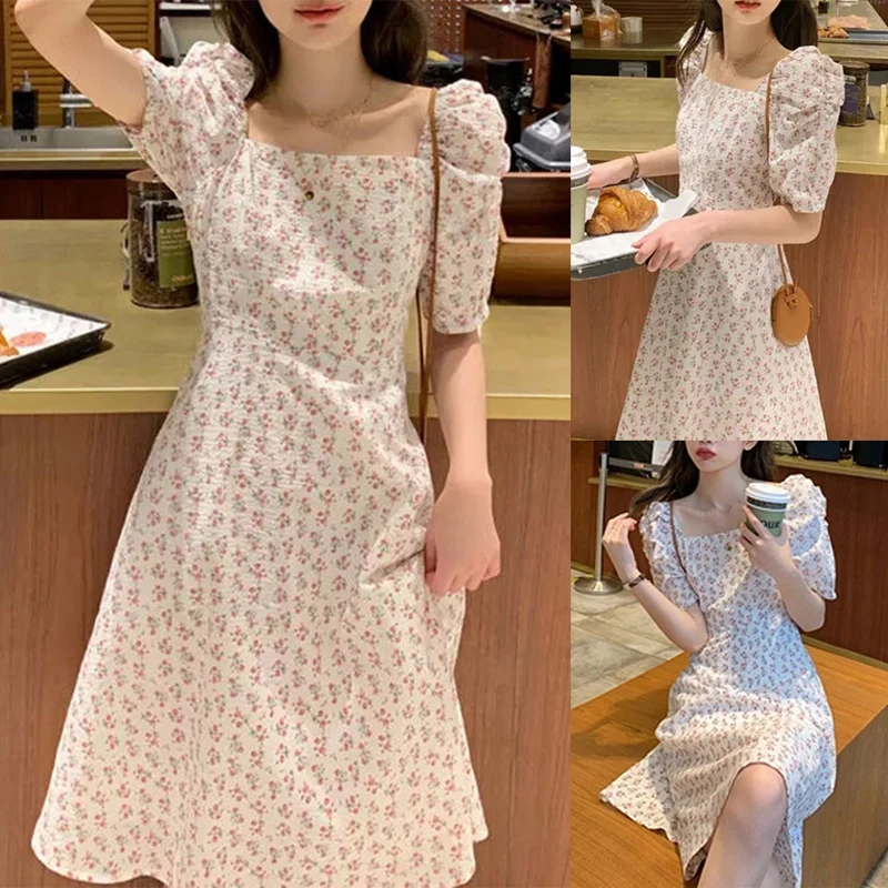 

Floral Print Dress Women Party Long Dresses Puff Short Sleeve Elegant Sexy Club Dress Sweet Ladies Chic Maxi Dresses