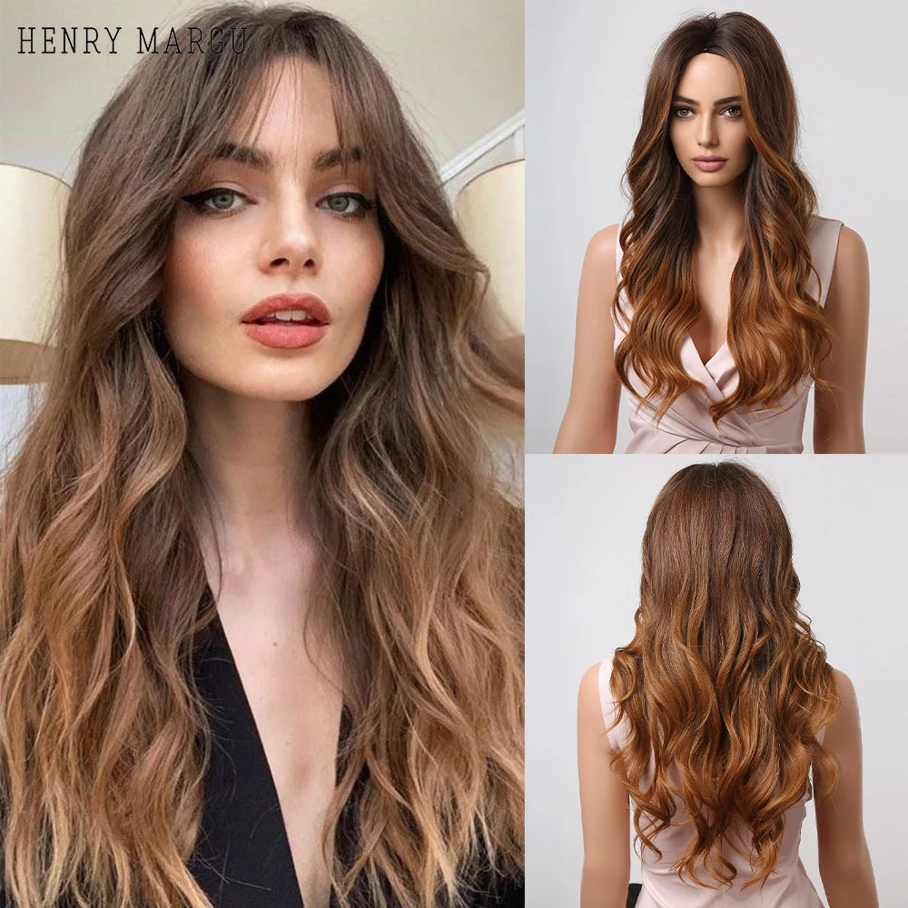 

HENRY MARGU Red Brown Copper Ginger Long Wavy Synthetic Wigs for Women Body Wave Ombre Hair Wig Cosplay Natural Heat Resistant