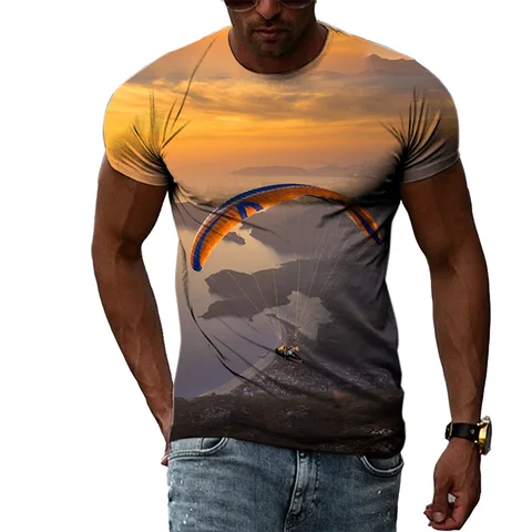 Продам модную новую летнюю мужскую футболку для занятий спортом на открытом воздухе с парашютом, с 3D принтом, круглым воротником, с коротким рукавом, персонализированную фитнес-футболку