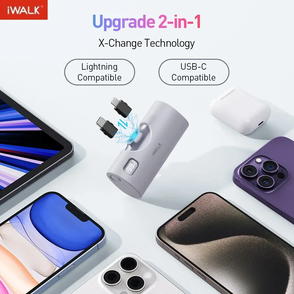 Обновление iWALK 2-в-1 Lightning и Type-C Capsule Мобильный внешний аккумулятор Power Bank Быстрая