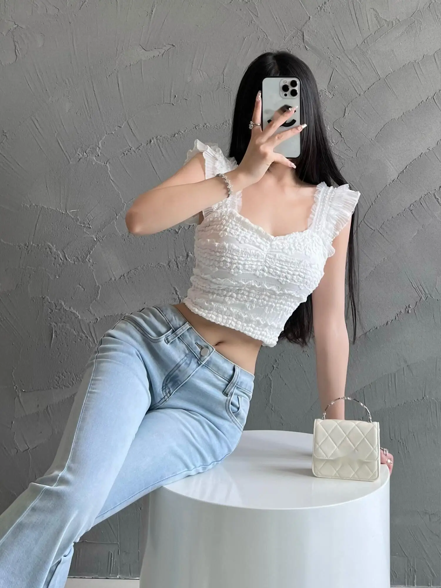 Женский кружевной топ без косточек облегающий летний белый рукавов милый модный