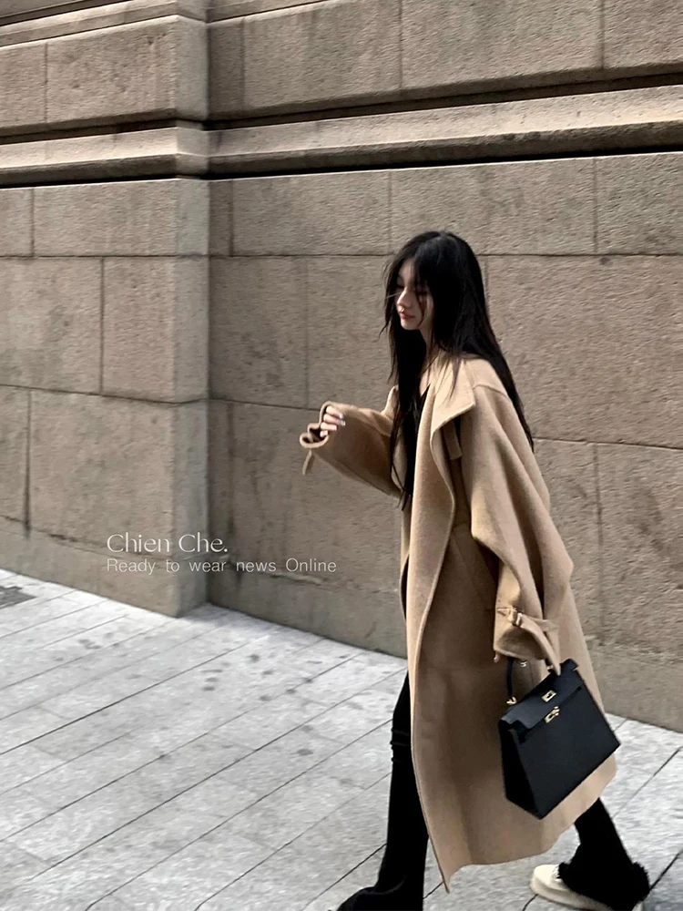 Осенне-зимние длинные шерстяные пальто Элегантные Свободные корейские новые