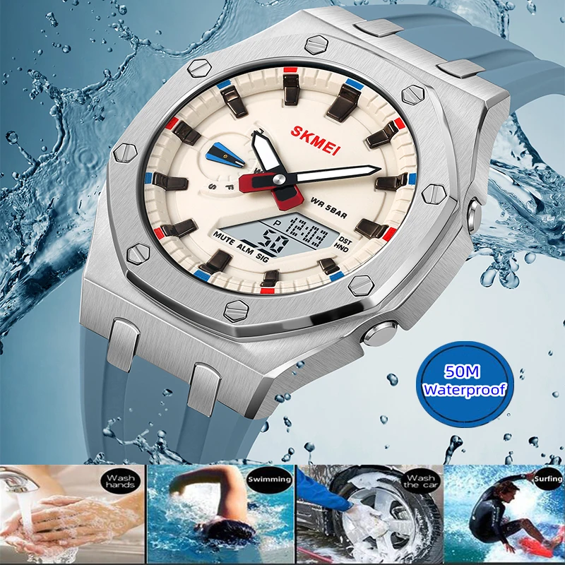 Фото Skmei Fashion World Time Многофункциональные спортивные часы для мужчин Светодиодный водонепроницаемый цифровой аналоговый дисплей Роскошные кварцевые наручные часы №5