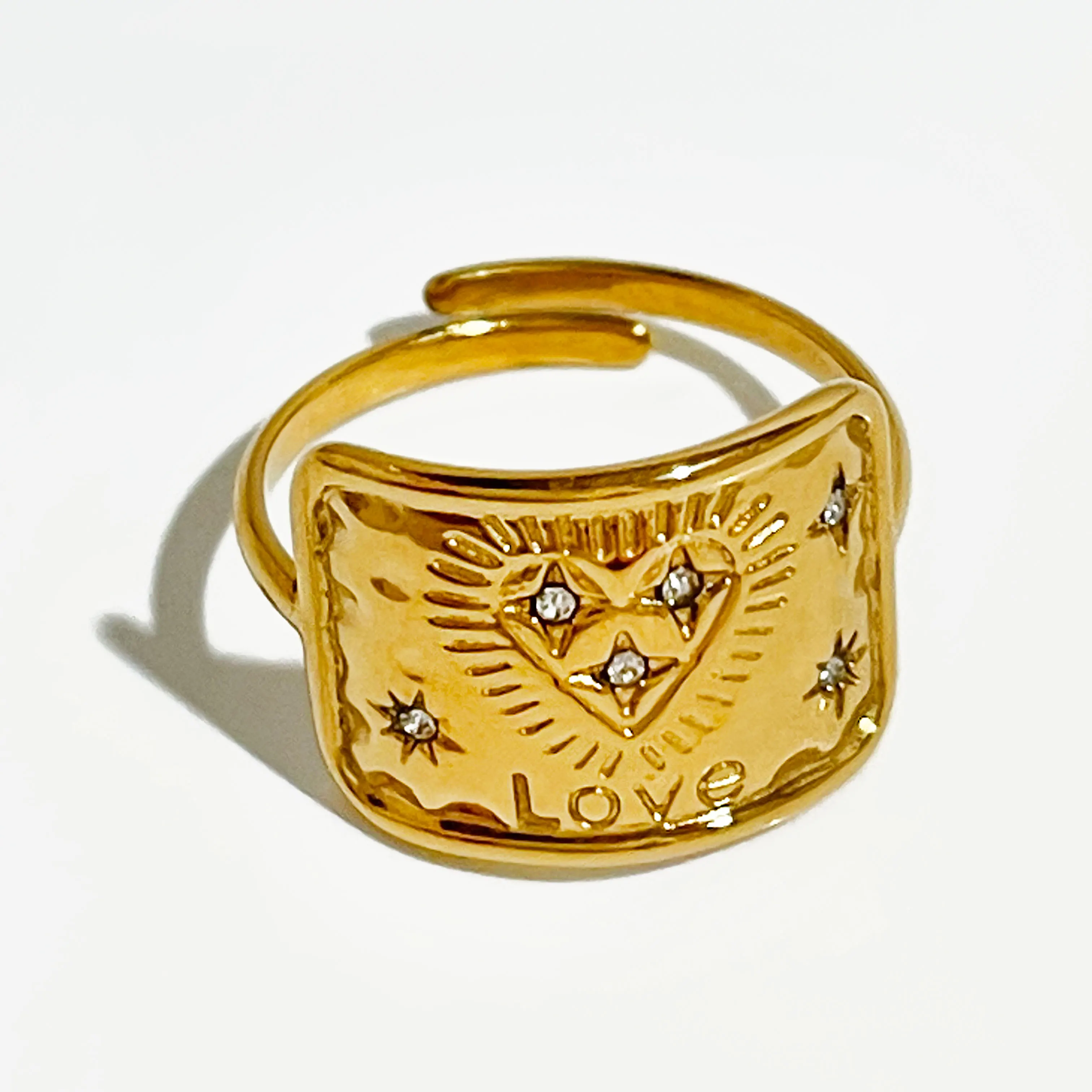 

Peri'sbox Stainless Steel 18K Gold Plated Engraved Love Heart Starburst Ring for Women Minimalist Boho Stacking Rings Adjustable