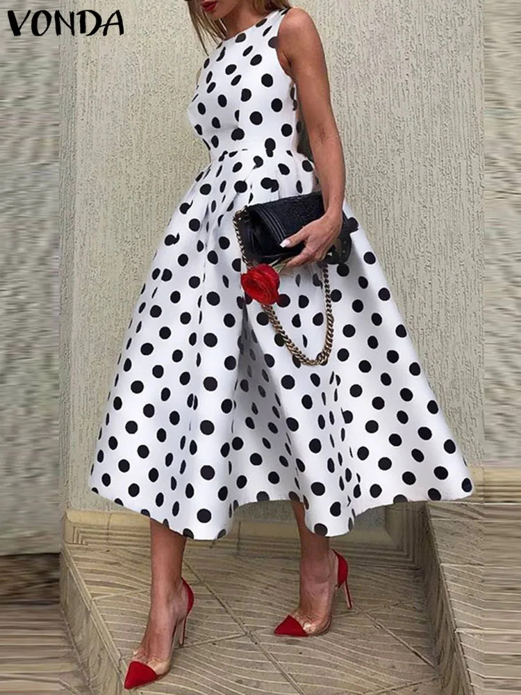 

VONDA Summer Sundress Women 2023 Bohemian Point Dot Printed Party Dress Elegant Sexy Sleeveless Pleated Casual Beach Vestidos