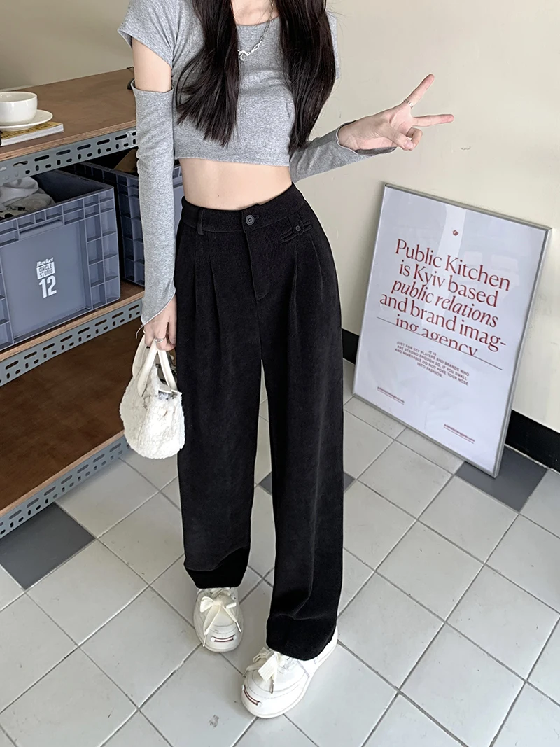 

GBG1624 Corduroy Broad Leg Pants for Women Autumn and Winter 2022 New Korean High Waist Slim Versatile Straight Casual Pants