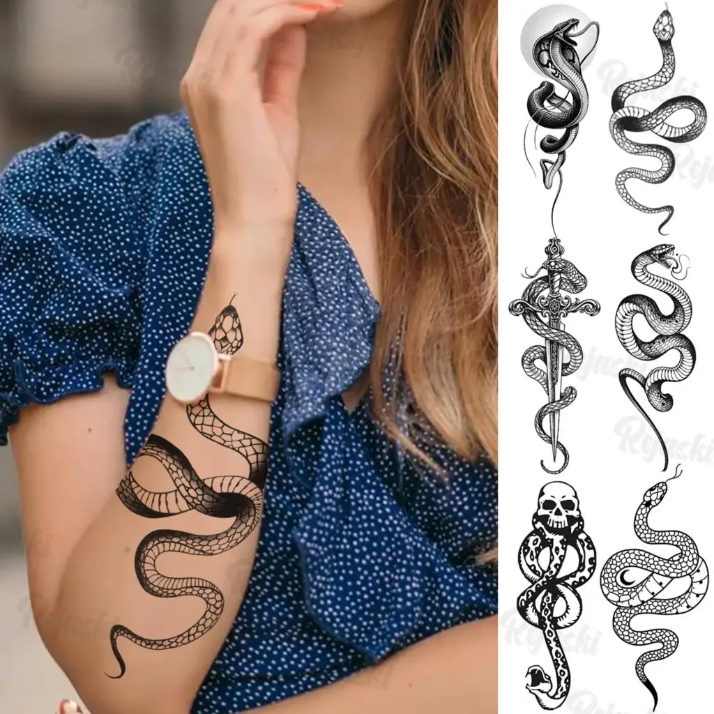 

Black Snake Tattoos For Women Adults For Women GIrls Realistic Sword Skull Serpent Waterproof Fake Tattoo Sticker Forearm Tatoos