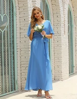 2022 elegant blue chiffon v neck short ruffle sleeve beach wedding bridesmaid long dress with sash for bridal party women guest