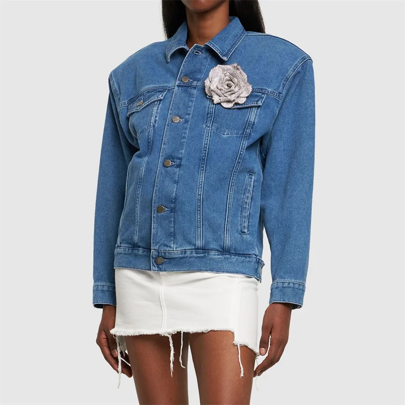 

Женская джинсовая куртка, однобортная демисезонная куртка с объемным цветочным рисунком и наплечниками, y2k, 2023
