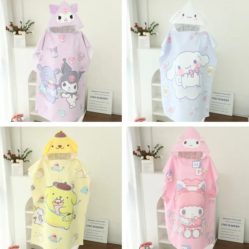 Фото Японское полотенце-пончо Sanrio My Melody с капюшоном, быстросохнущее, для девочек, пляжное полотенце, детский халат, банный халат для студентов, кавайное, новинка, хит продаж №1