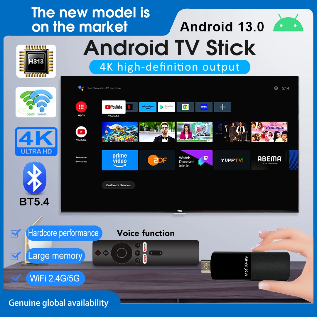 Фото ТВ-приставка MX10 K9 plus Smart Android TV Box с Bluetooth 5.4, беспроводным голосовым пультом, Android 13, двухдиапазонным Wi-Fi, 2 ГБ ОЗУ, 16 ГБ ПЗУ, 4K, TV Stick №1