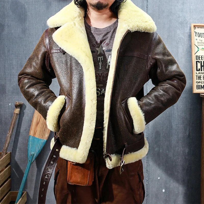

CDF2050 European US Size High Quality Super Warm Genuine Sheep Leather Coat Mens Big B3 Shearling Bomber Merino Fur Jacket