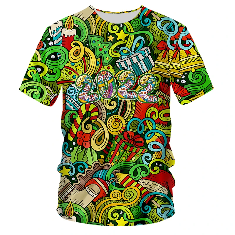 

Забавная Мужская футболка на Новый год и Рождество 2022, летние модные топы с коротким рукавом и круглым вырезом 3D, Стильная мужская футболка с элементами