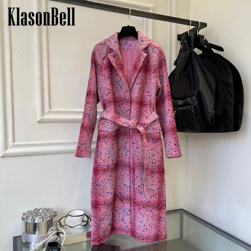 

Женское шерстяное пальто KlasonBell, модельное твидовое клетчатое пальто средней длины с поясом, 10,12