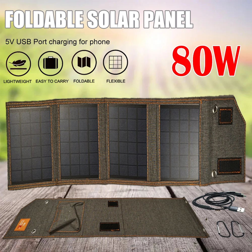 

Foldable Solar Panel Bag 80W 5V USB Port Portable Waterproof Outdoor Solar Charger for Mobile Phone Power Bank Travel Camping