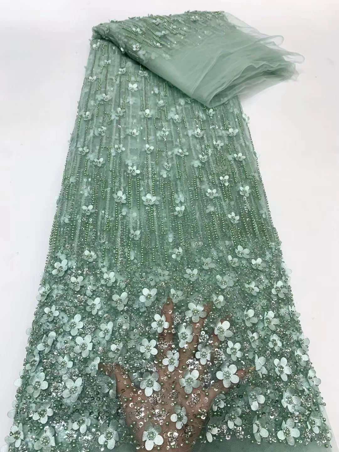 5 ярдов Африканский французский ручной работы 3D цветок с бусинами тюль кружево