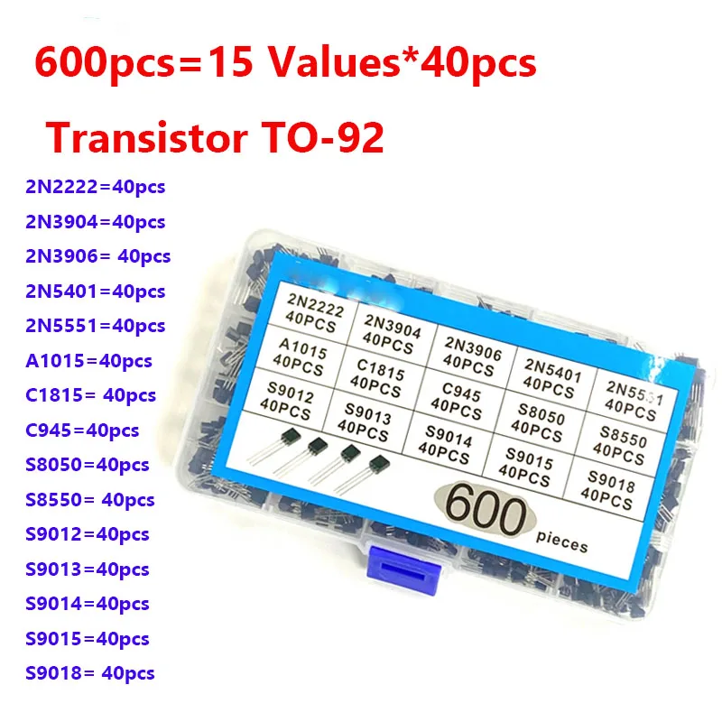 

600 шт., 15ValuesX40PCS TO-92 транзисторный Набор 30-160V 50-1000mA NPN PNP 2N2222 2N5551 S9014 C945 S9018 S8050