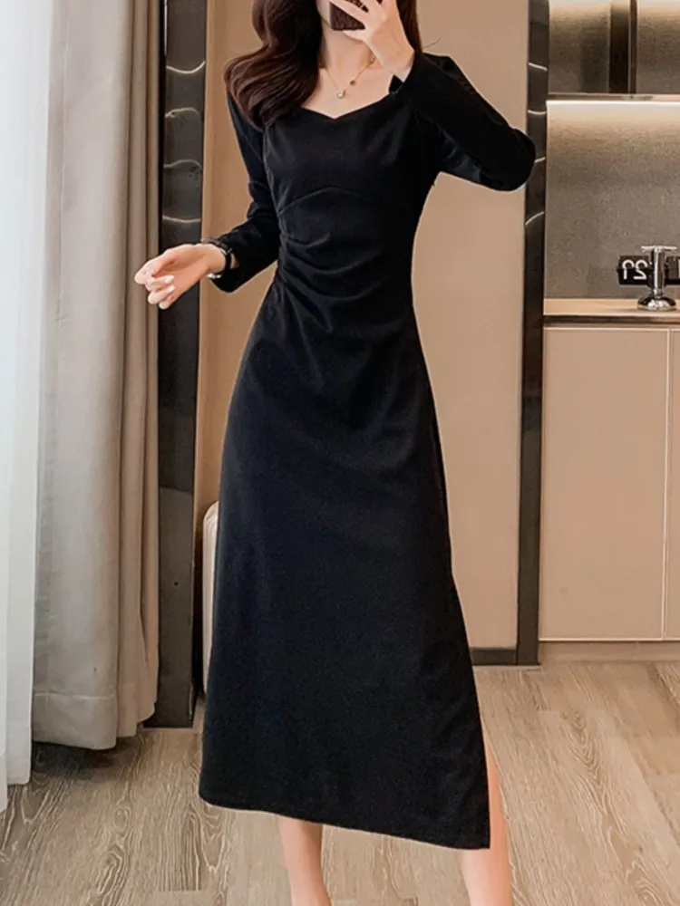 Винтажное облегающее женское модное черное красное платье с длинным рукавом