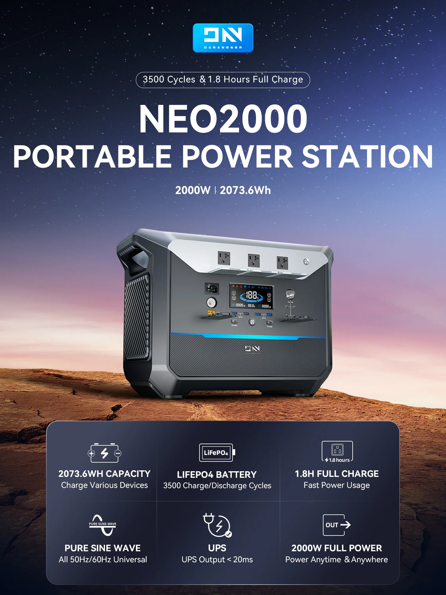 

DN Portable Power Station 2000W 2073WH LiFePO4 Storage Battery Supply For Outdoor Camp Drone Home Backup Rechargeable Powerbank