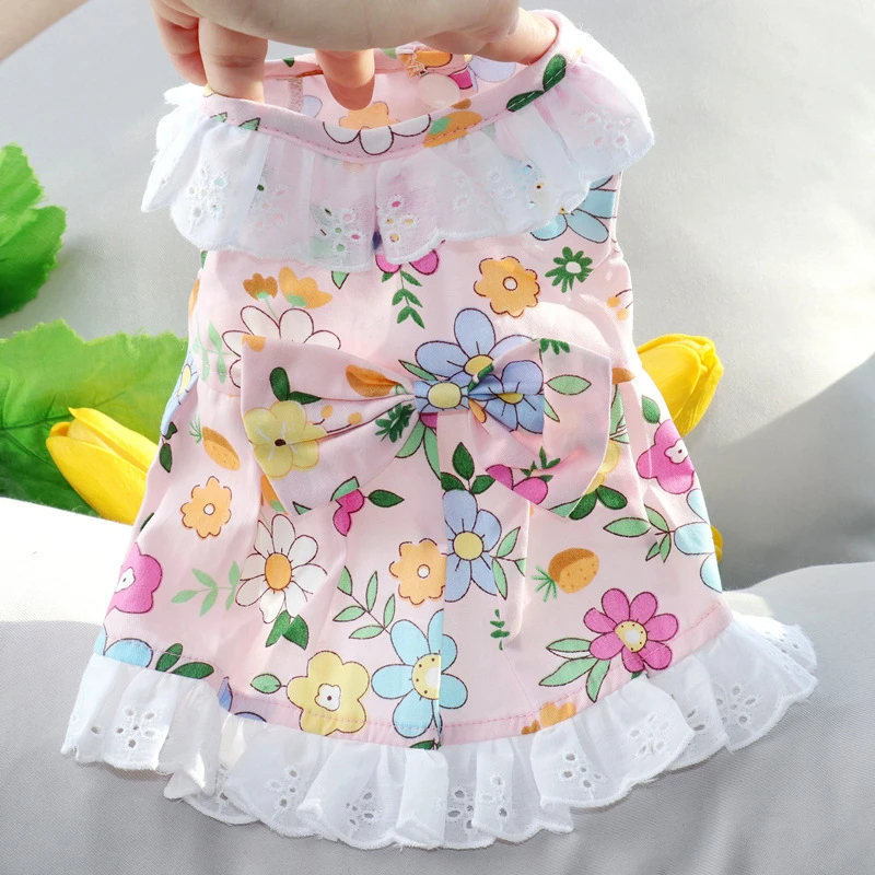

Poodle Chihuahua Clothes for Small Dogs Pink Female Breathable Puppy Summer Fancy Dresses Lace Bow Tie Skirt Floral Cat Clothing